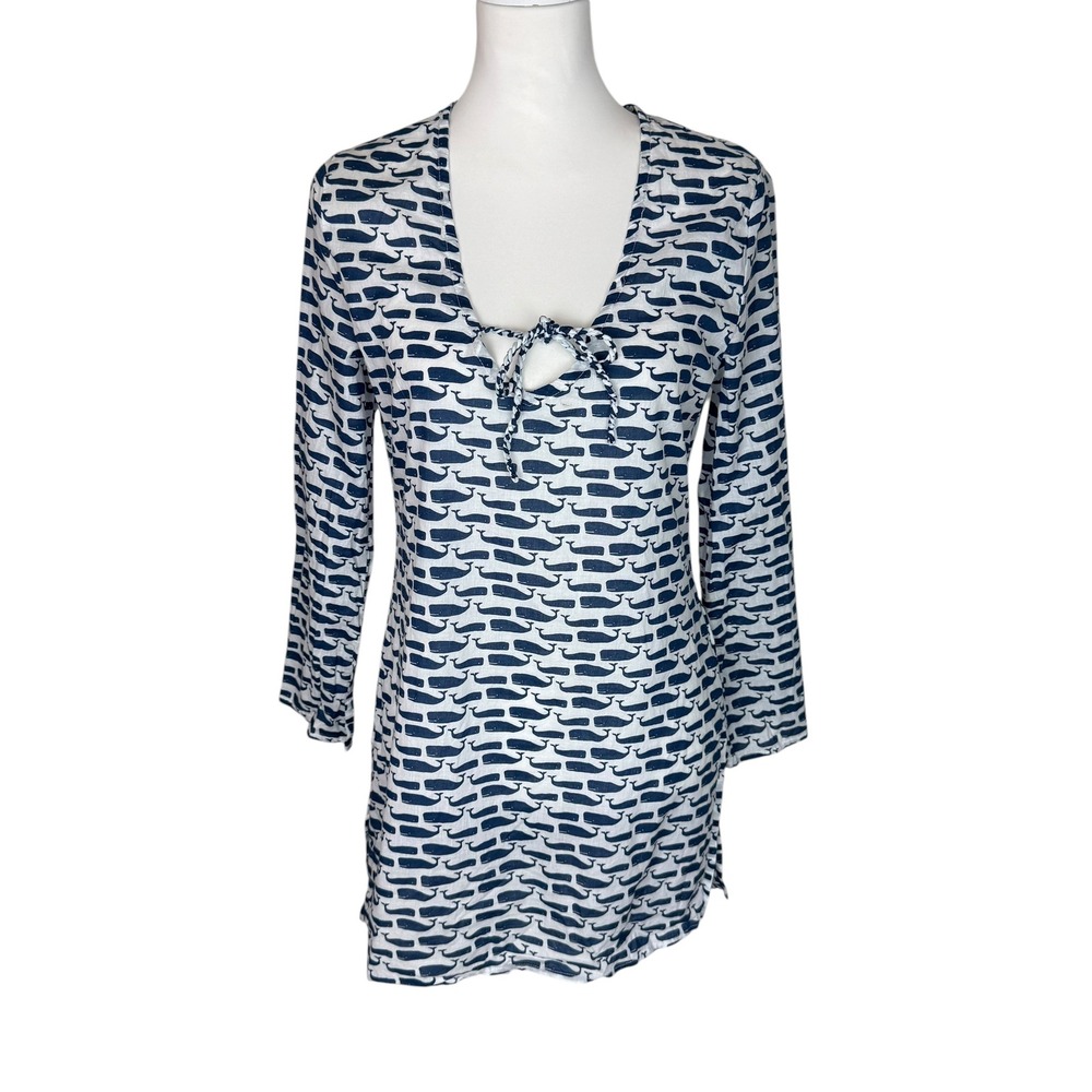 Mud Pie Womens Navy Blue Whale Print Cotton Tunic Beach Coverup Small V-Neck Tie